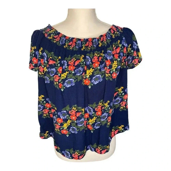 Old Navy Women's Medium Blue Hawaiian Print Off The Shoulder Blouse - Picture 2 of 5
